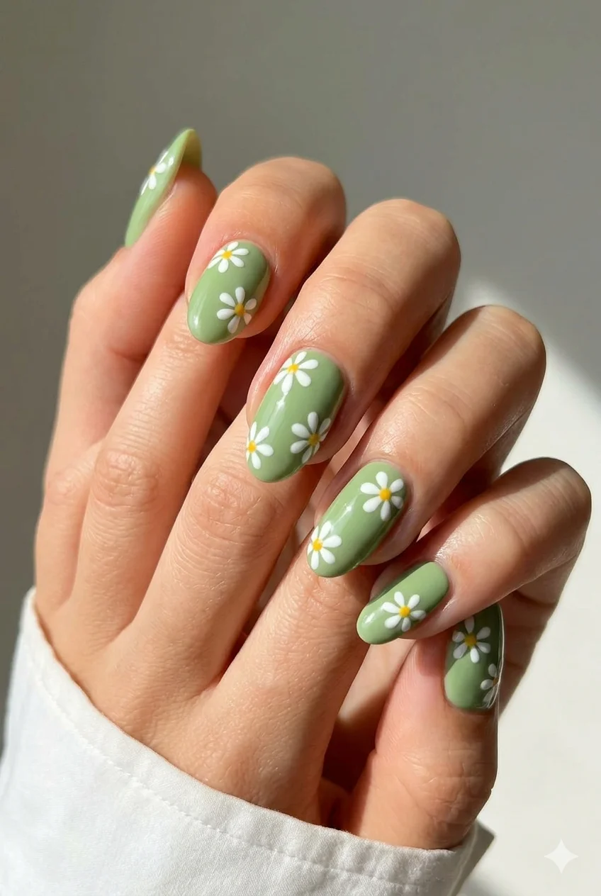white daisy summer nails green accent 2026