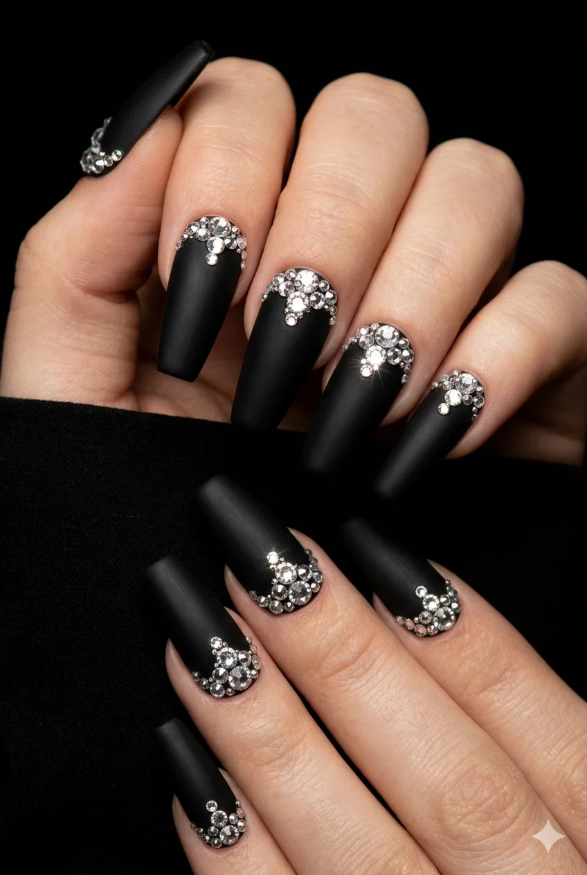 black rhinestone glam coffin nails matte black crystal clusters cuticle sparkle 2026