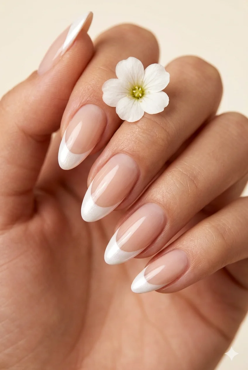 spring floral French tip nails pastel tip with tiny painted daisies floral nail art 2026