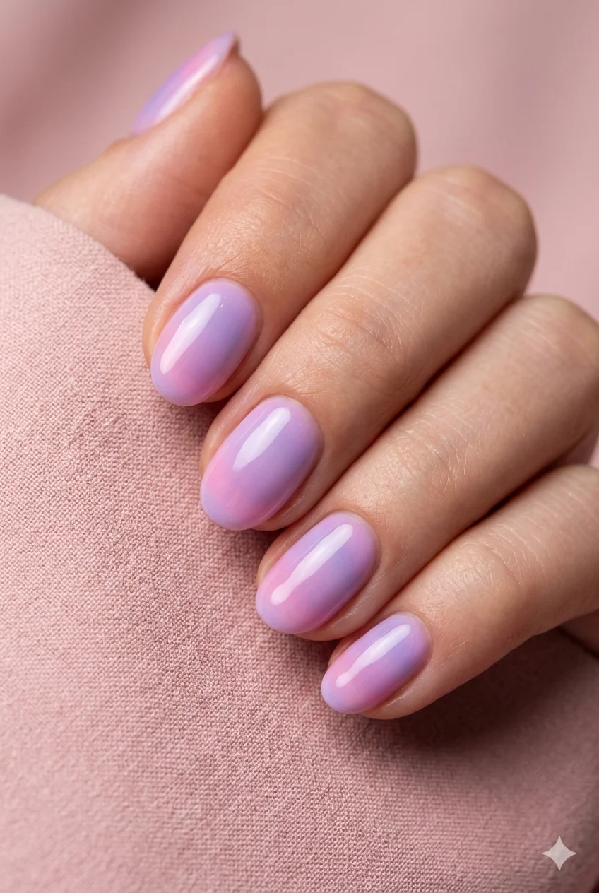 short aura gel nails lavender pink gradient sealed under glossy gel top coat on short oval nails 2026