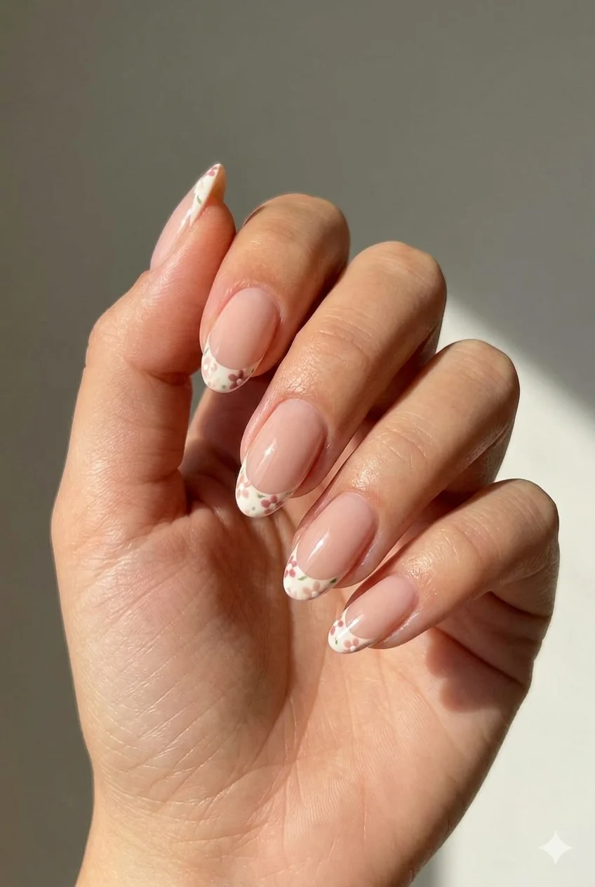 nude floral French tip summer nails 2026