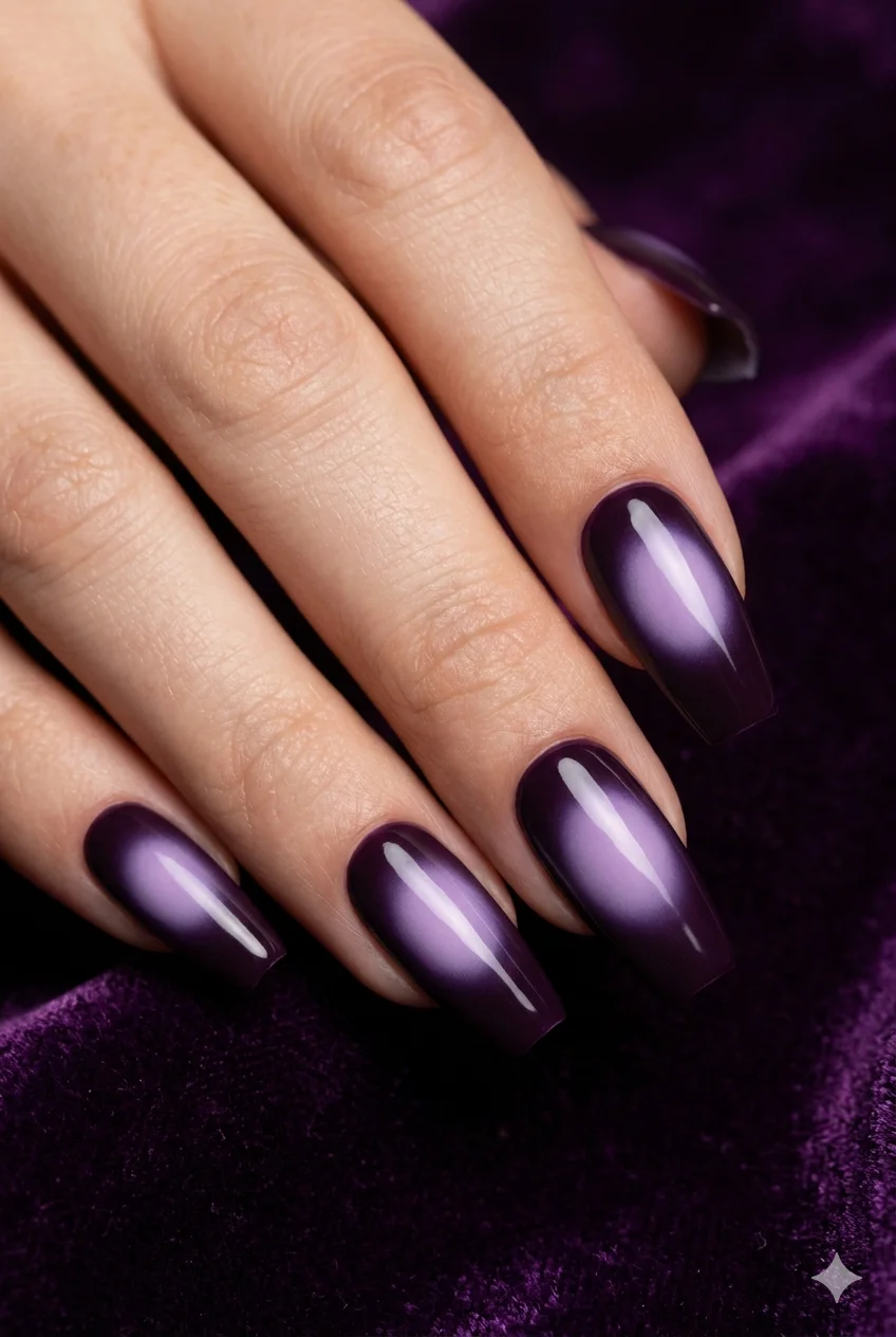 deep plum aura coffin nails dark purple with lilac airbrushed center glow ethereal 2026