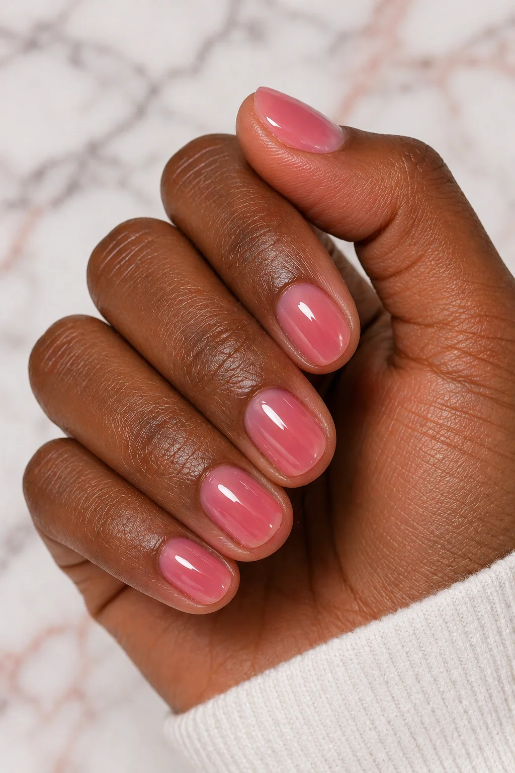 jelly short nails semi-transparent sheer pink gummy translucent gel finish on short oval nails 2026