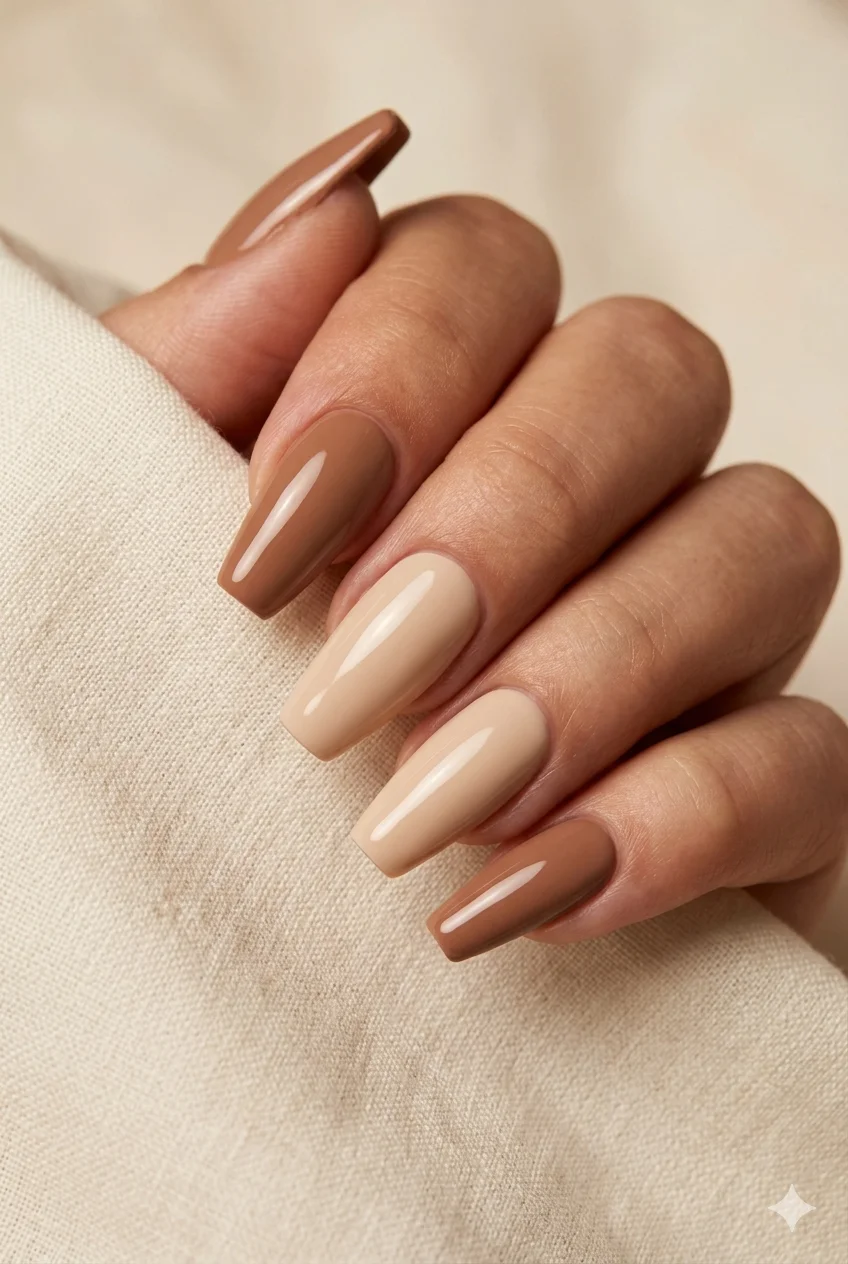 latte beige glossy coffin nails warm earthy tone quiet luxury manicure 2026