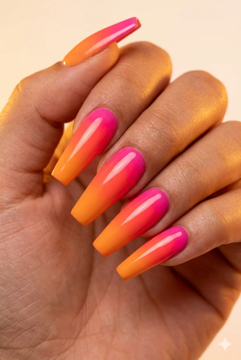 bold sunset ombre coffin nails orange coral fuchsia gradient vibrant striking 2026
