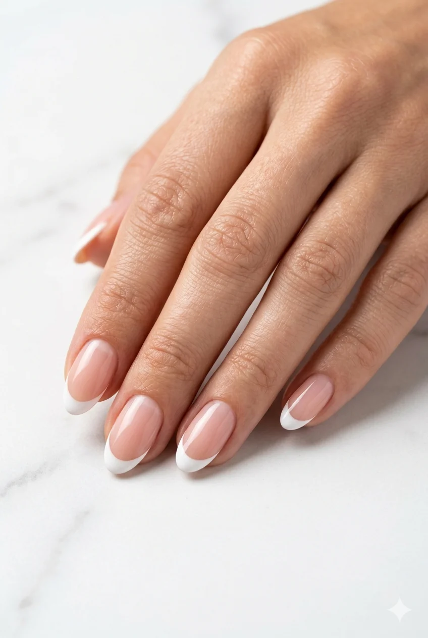 cute short nails classic French tip sheer nude base white tip on short almond nails timeless 2026