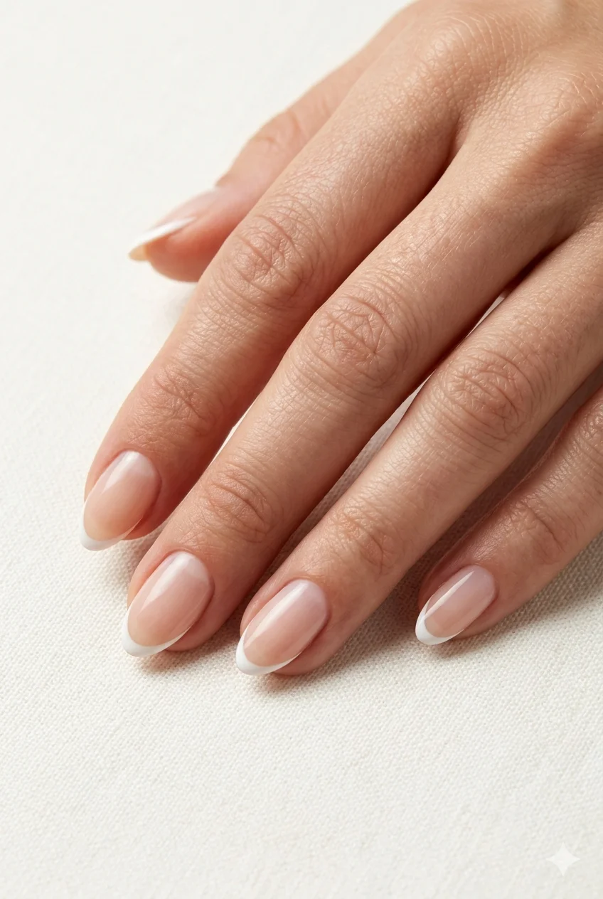 short micro French tip nails ultra-thin razor-fine white line quiet luxury on short oval nails 2026