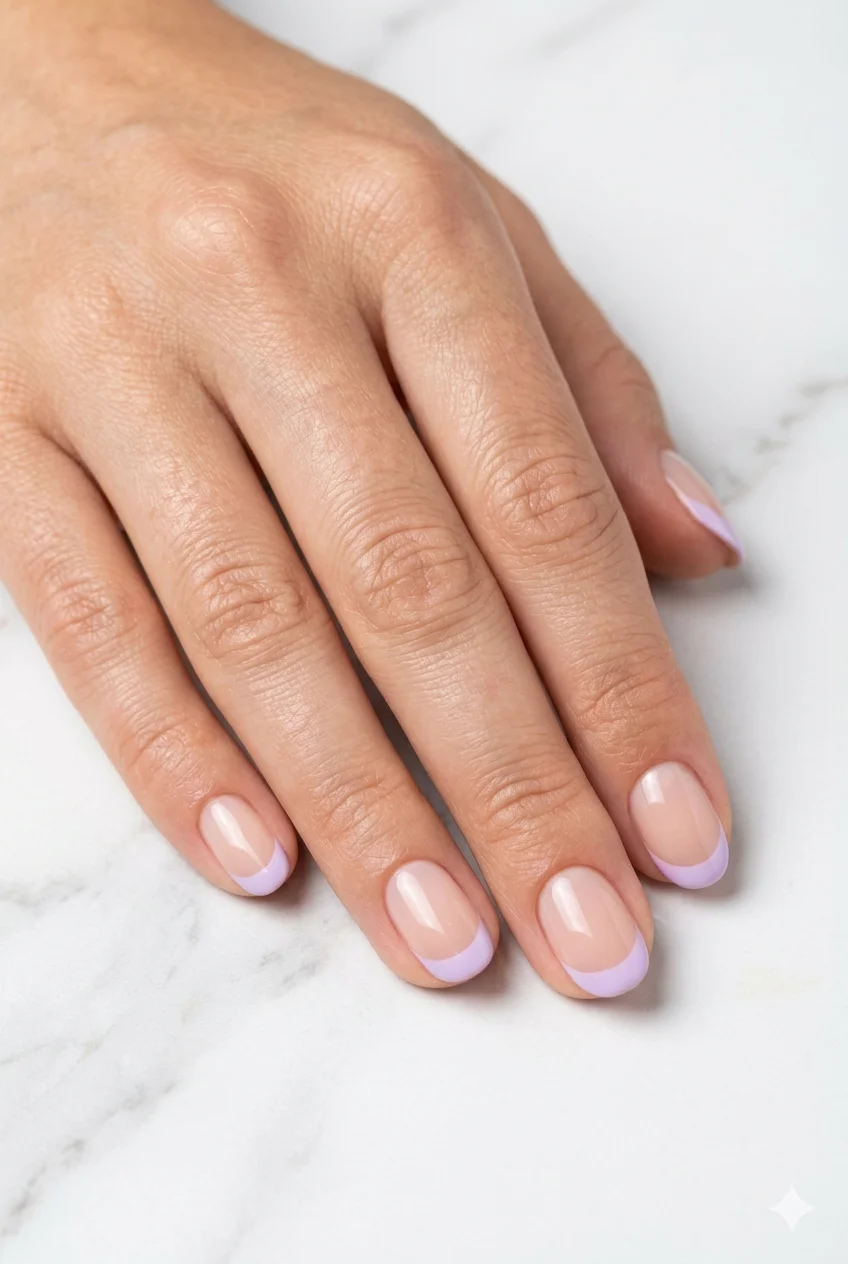 short colored French tip nails lilac or baby blue pastel tip sheer base on short oval nails 2026