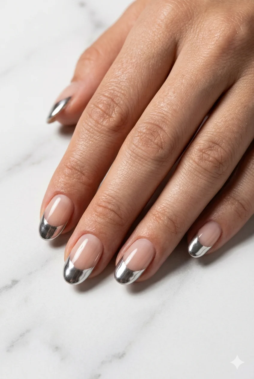 short chrome French tip nails silver chrome powder tip only liquid metal effect on short square nails 2026