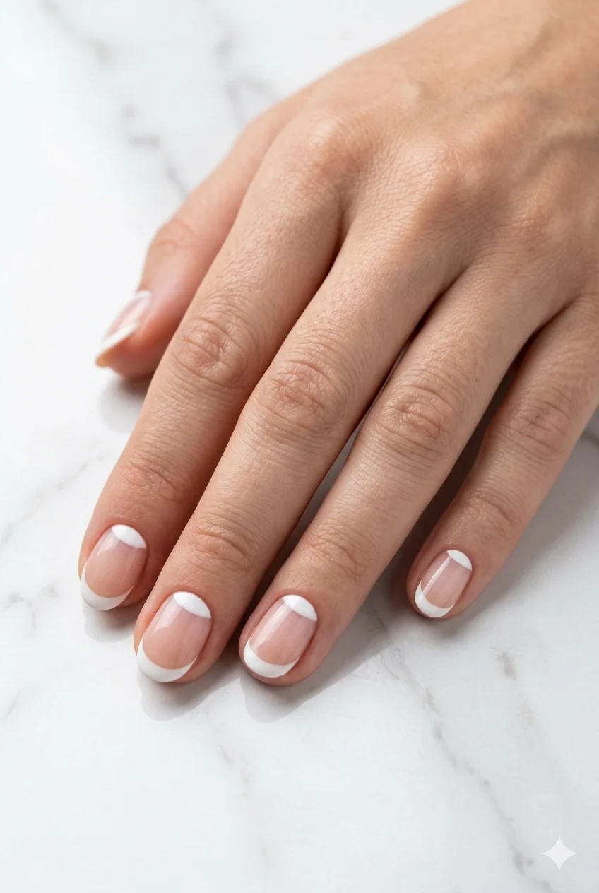 short reverse French tip nails colored tip at cuticle lunula base not free edge on short oval nails 2026