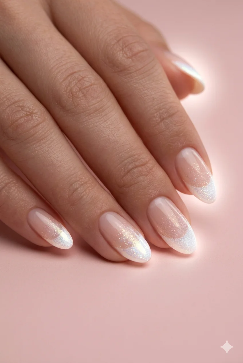short glow French nails white tip with luminous micro-shimmer lit-from-within jelly glow on short almond 2026