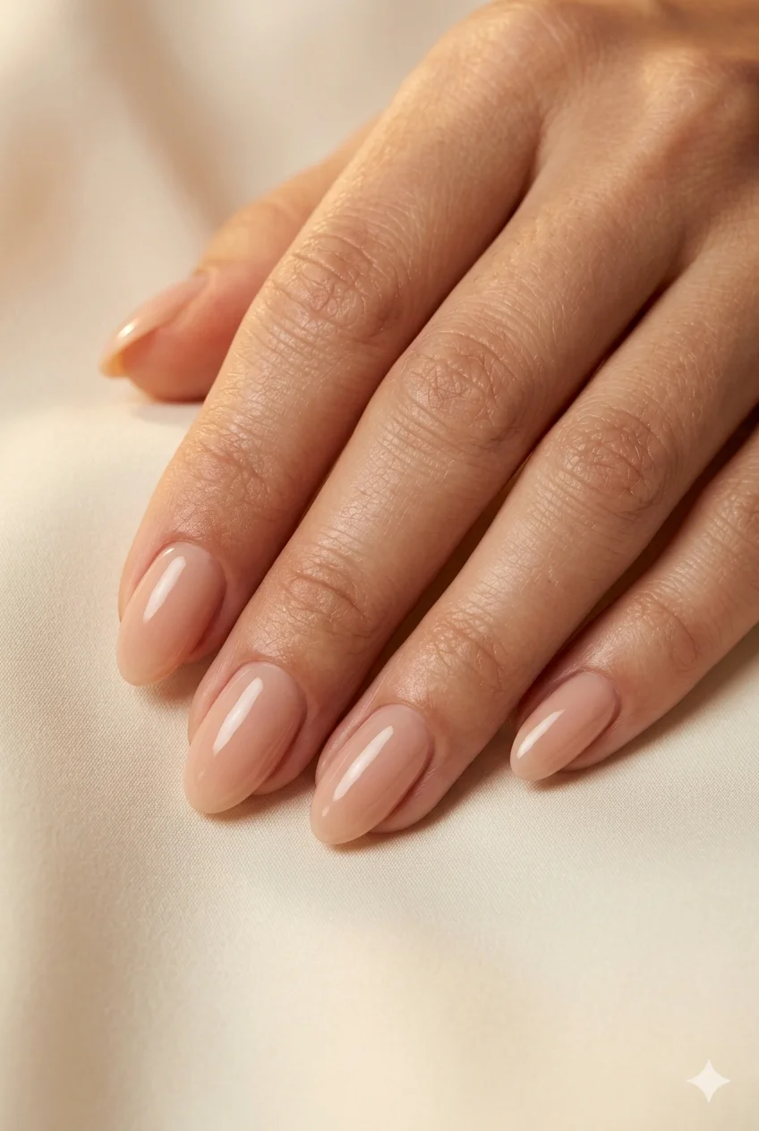 short quiet luxury nude nails skin-matched nude ultra-gloss minimal on short almond nails 2026