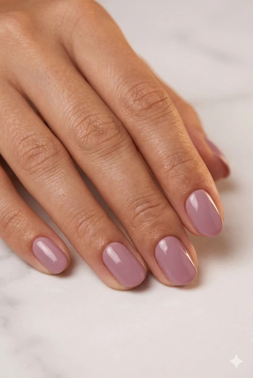 short mauve nails soft dusty mauve between blush and lavender glossy on short oval nails 2026