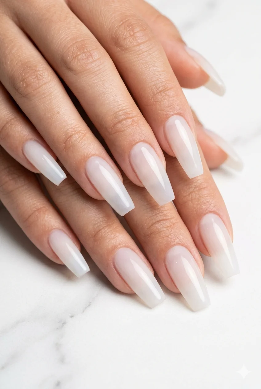 milky white sheer coffin nails frosted glass translucent finish clean girl aesthetic 2026