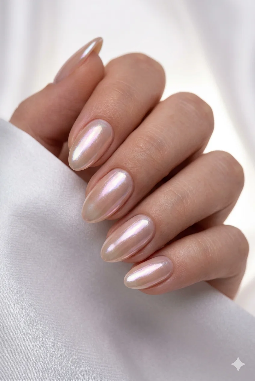 short glazed pearl nails pearl iridescent shimmer plus chrome glaze luxurious on short almond nails 2026