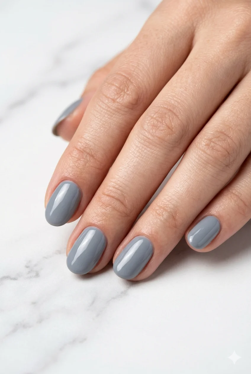 short grey nails muted cool grey high-gloss sophisticated fashion-forward on short square nails 2026