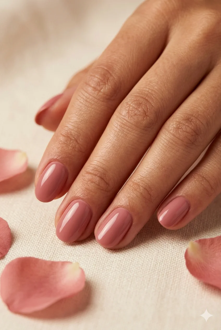 short dusty rose nails muted warm dusty rose glossy flattering on short oval nails 2026