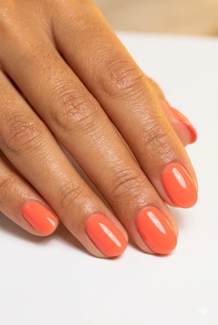 short coral summer nails bright warm coral-pink ultra-gloss tropical on short oval nails 2026