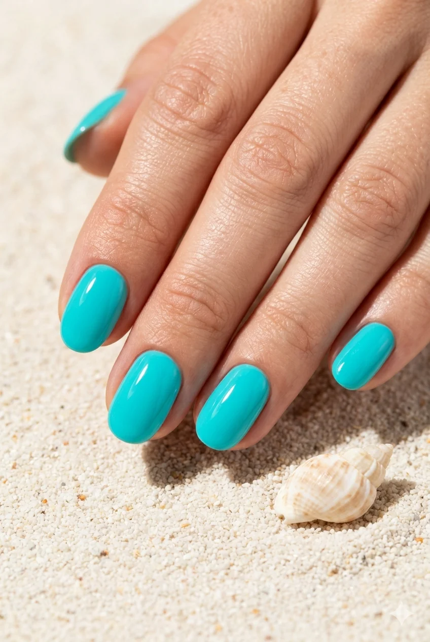short turquoise summer nails vibrant aqua turquoise glossy beach vacation on short squoval nails 2026