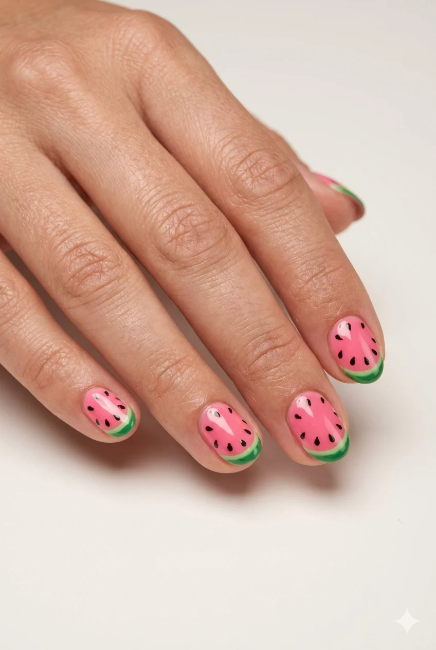 short watermelon summer nails pink base green tips black seed detail cute fruit art on short oval nails 2026