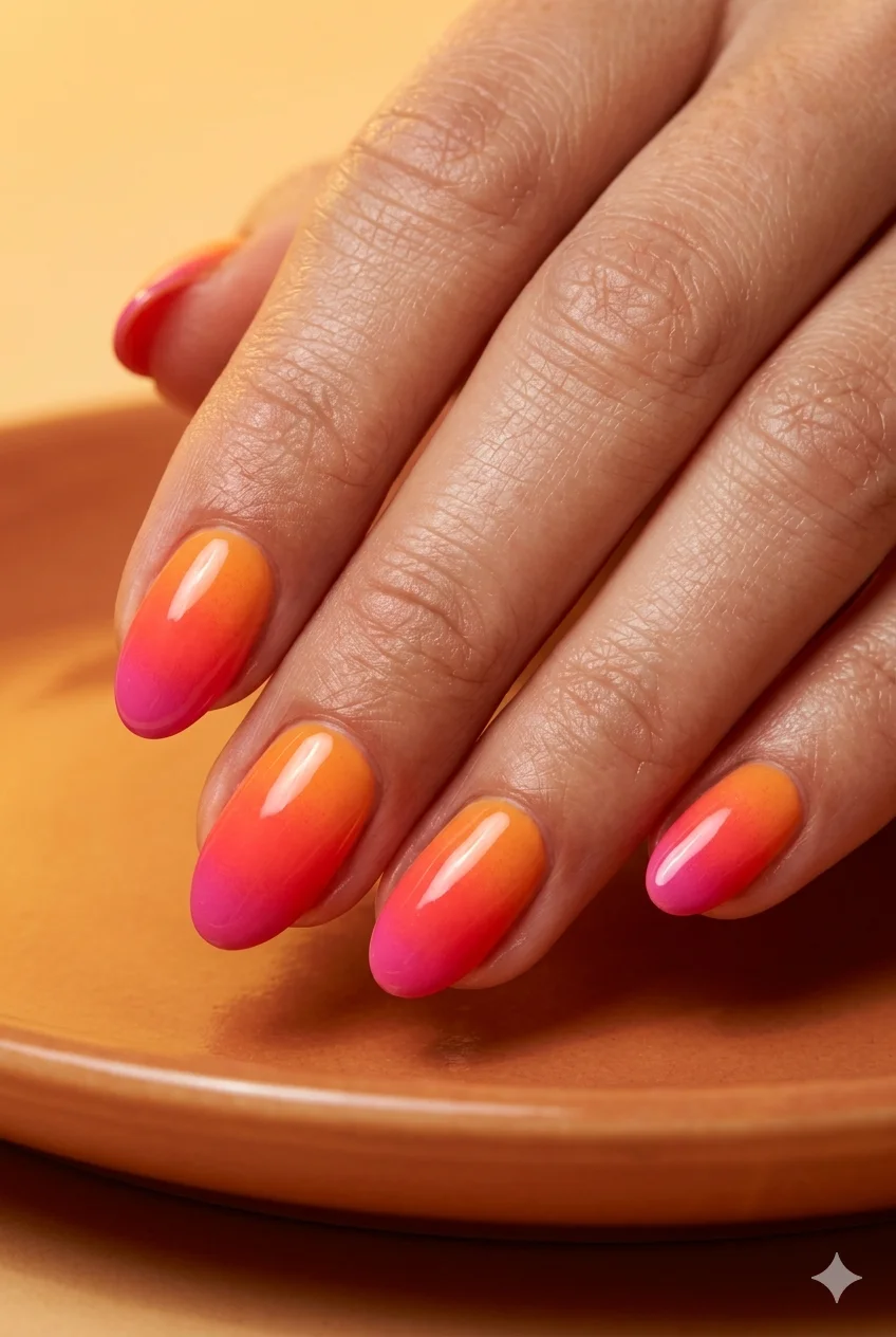 short sunset ombre nails orange coral fuchsia gradient compact vivid on short almond nails 2026