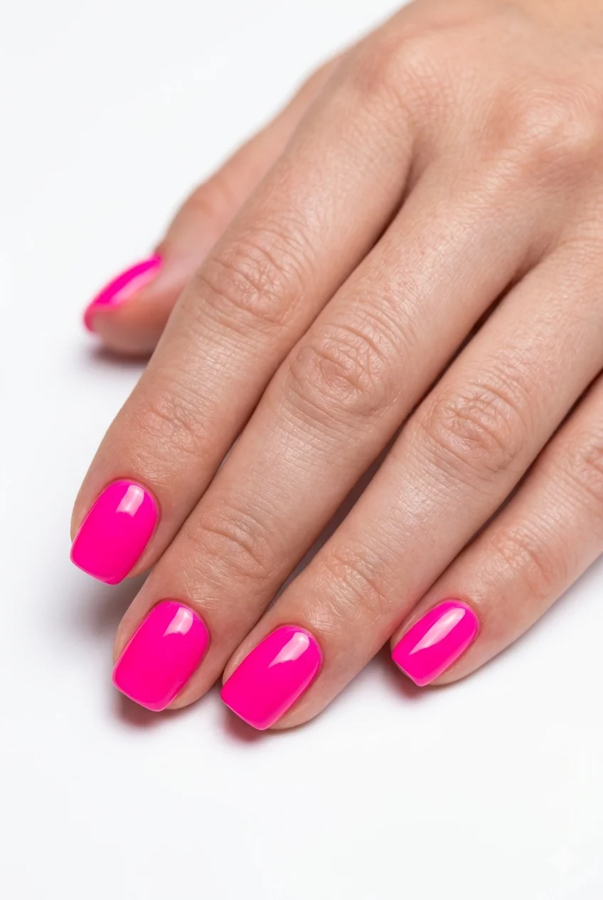 short neon pink summer nails electric hot pink high-gloss bold on short square gel nails 2026