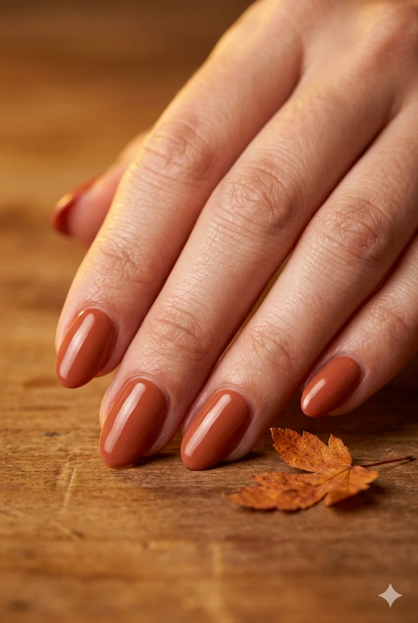 short fall nails terracotta burnt orange earthy glossy autumn on short almond nails 2026