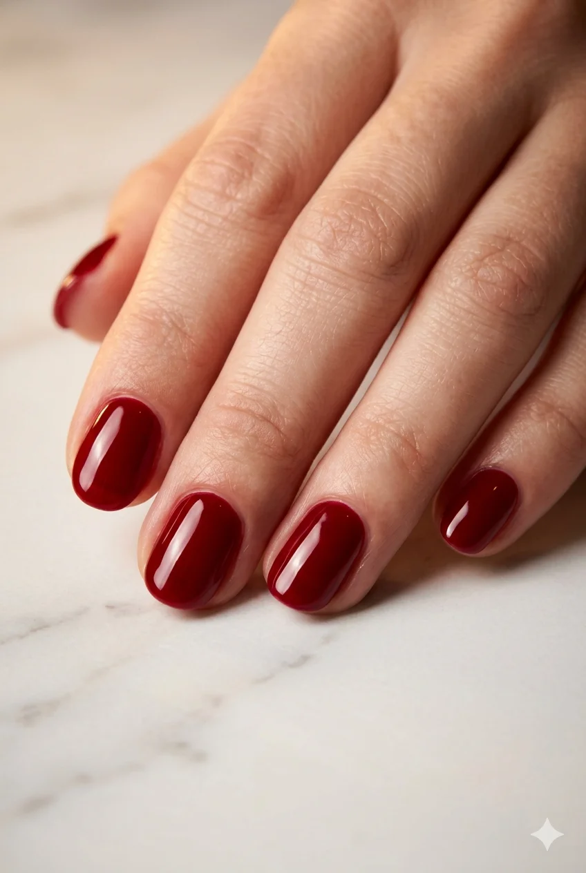 short Christmas nails deep festive crimson red ultra-gloss holiday on short oval nails 2026