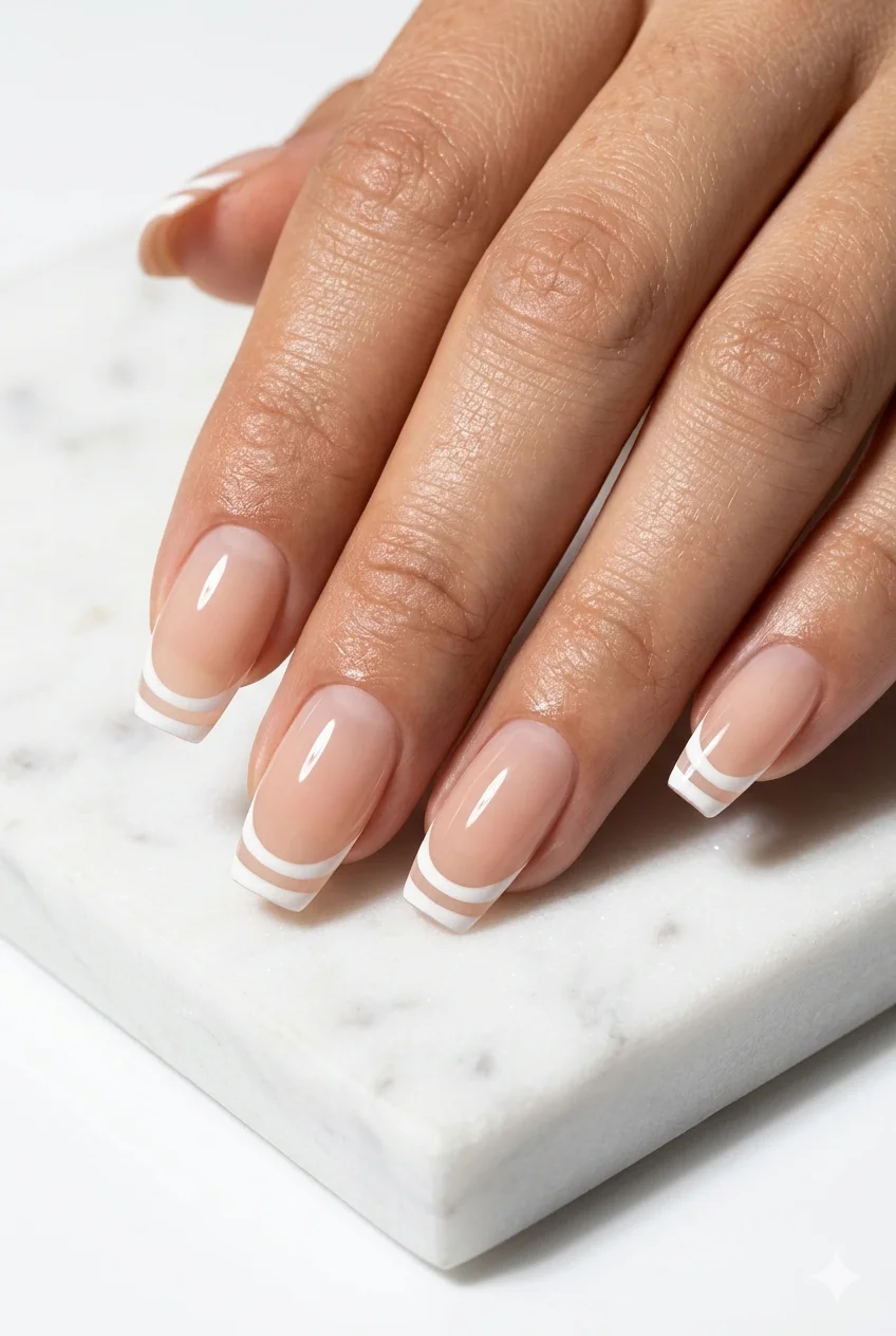 double French tip nails two stacked parallel white lines modern editorial manicure 2026