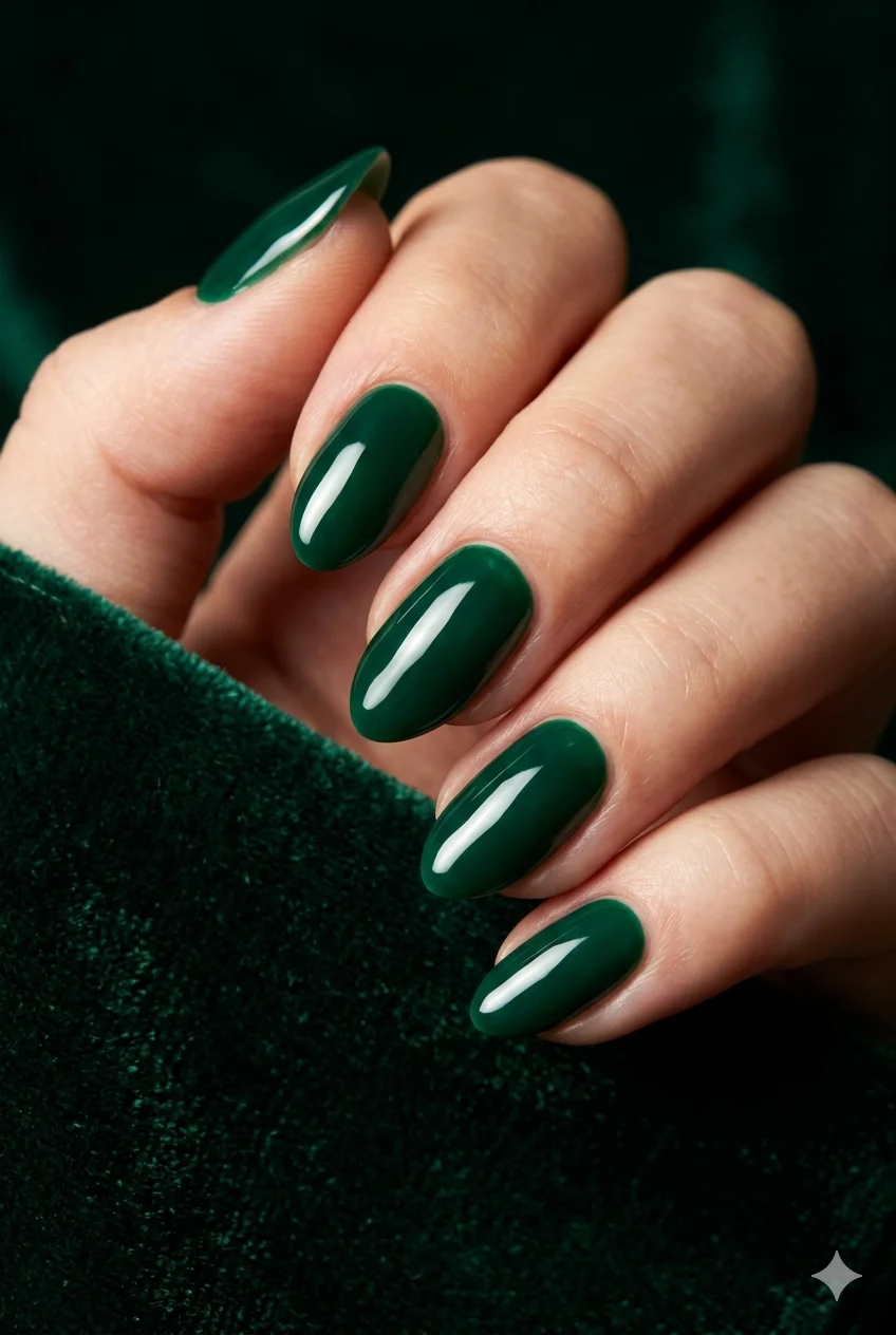 short winter jewel tone nails deep emerald green ultra-gloss regal on short almond nails 2026
