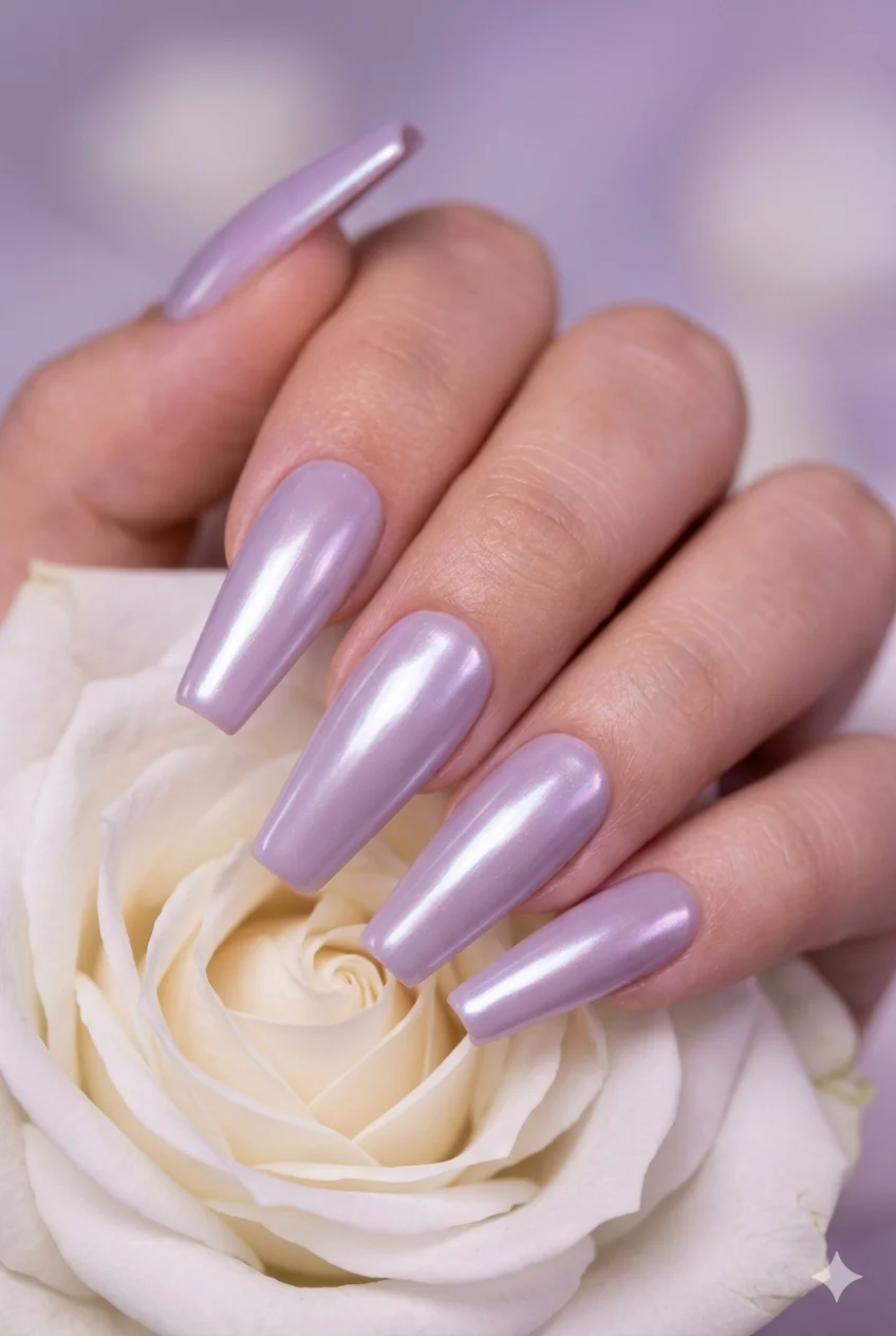 lavender milk glazed coffin nails dusty purple pearlescent shimmer dreamy finish 2026