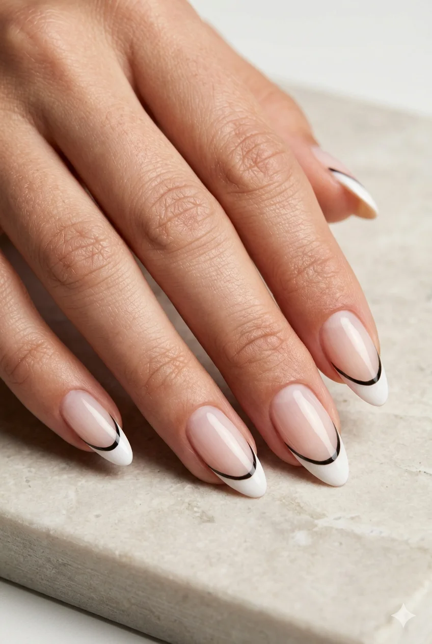 outlined French tip nails with fine black line along smile line graphic nail art 2026