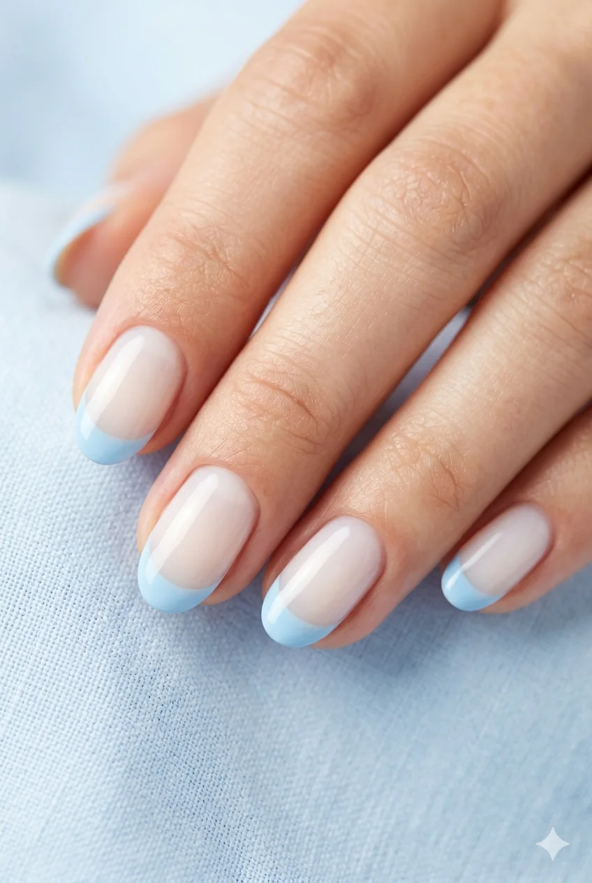 baby blue French tip nails pastel sky blue sheer nude base spring manicure 2026