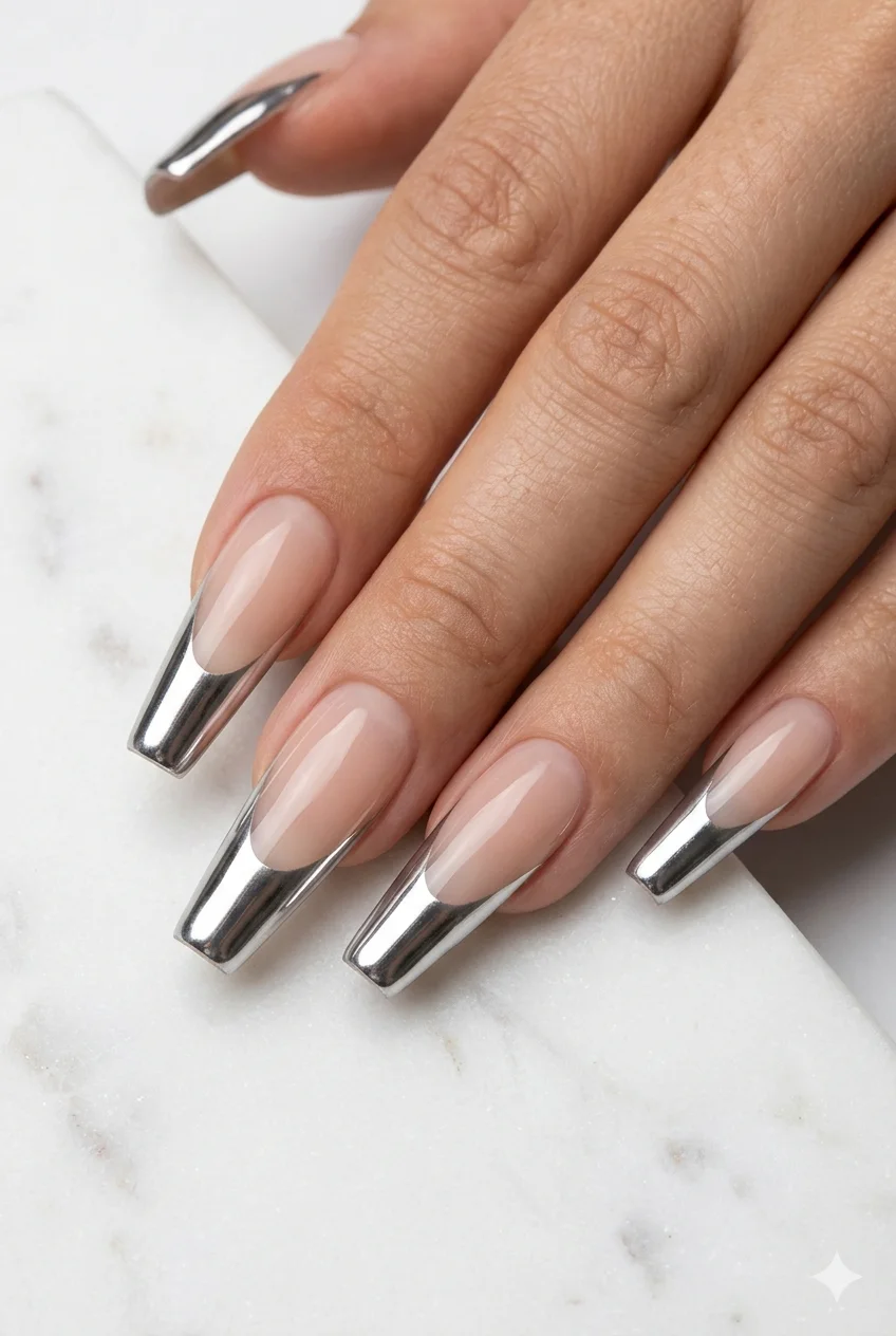 silver chrome French tip coffin nails mirror metallic tip sheer nude base 2026