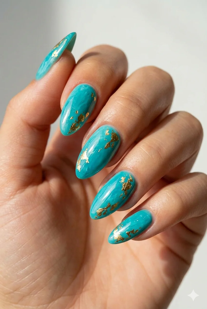 turquoise ocean summer nails gold accents 2026