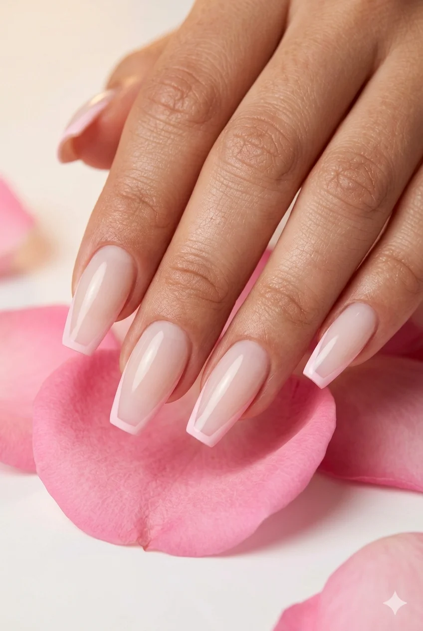 baby pink French tip coffin nails soft romantic feminine sheer base 2026