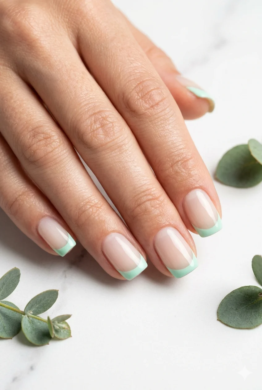 mint green French tip nails cool fresh sheer nude base minimal spring nail 2026