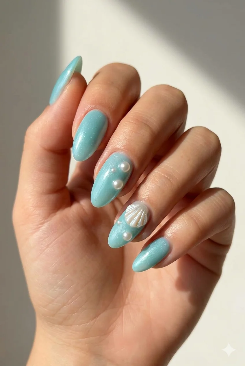 aquamarine pearl shell 3D summer nails 2026