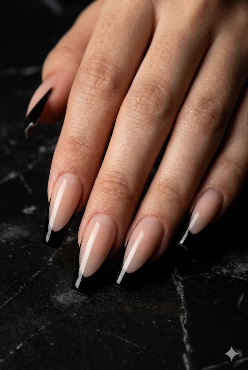 black French tip coffin nails bold graphic goth-chic edgy nude base 2026