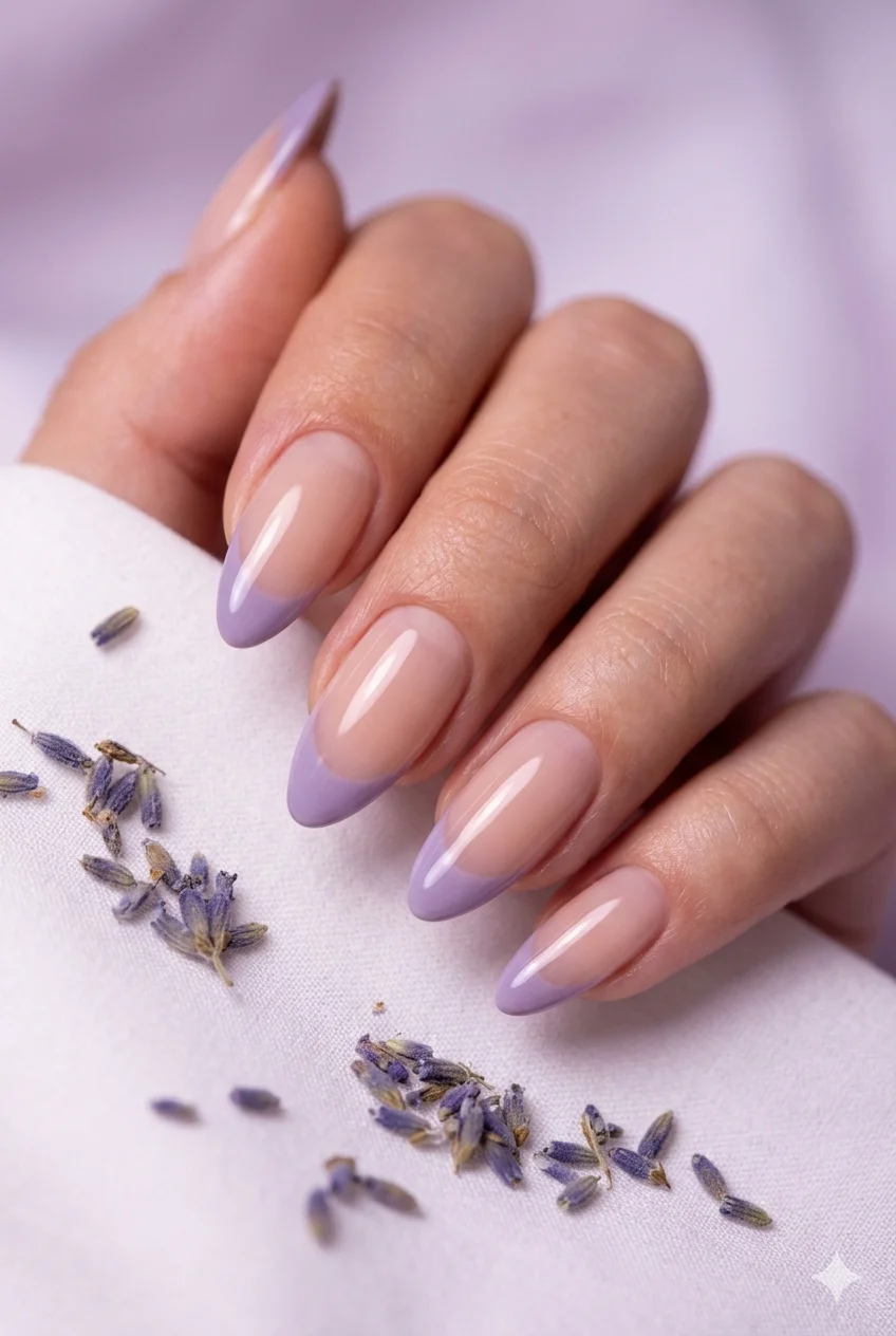 lilac French tip nails dusty purple sheer nude base dreamy feminine manicure 2026