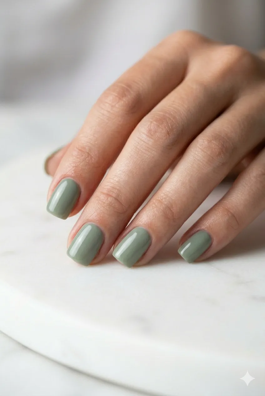 muted sage green earthy gel nails wabi-sabi organic tone glossy 2026