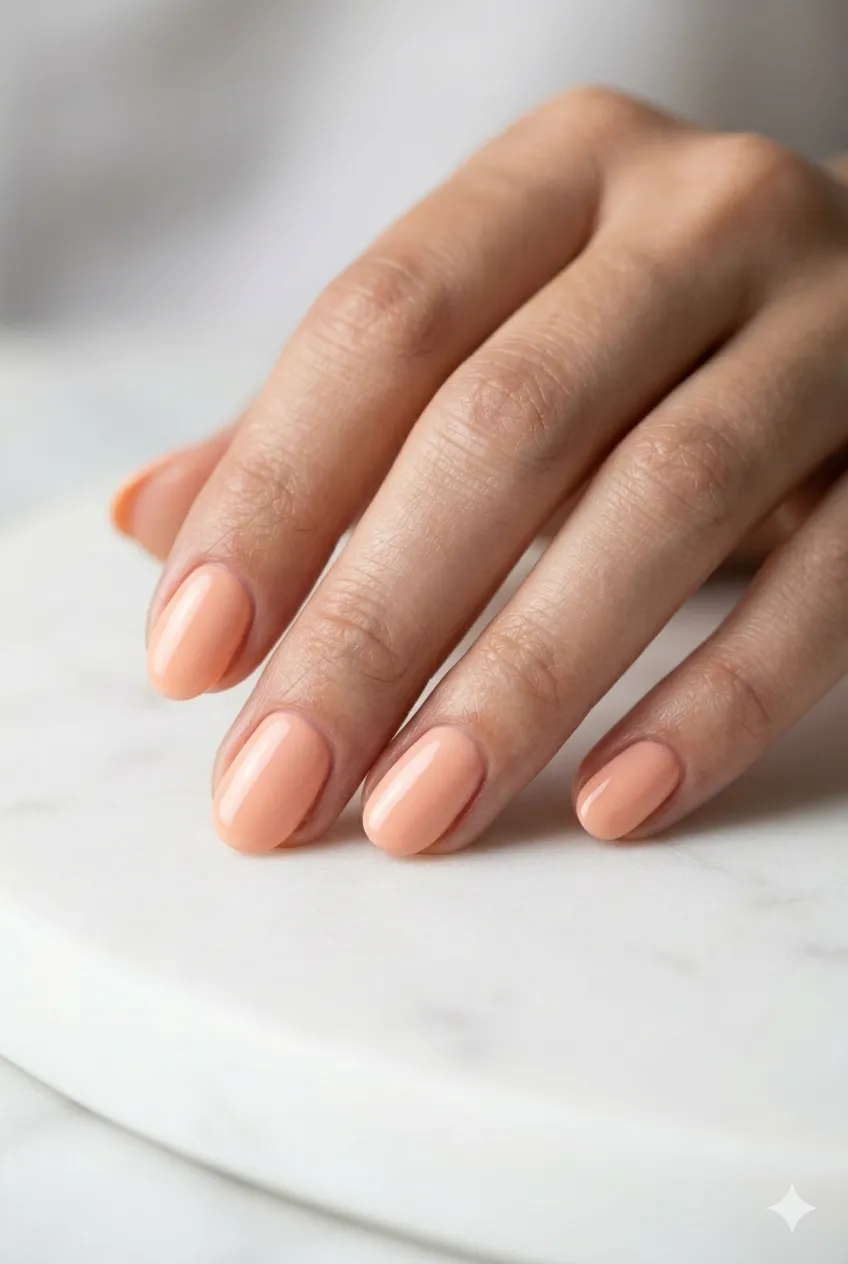 soft peach gel nails warm peachy tone between nude and coral glossy 2026