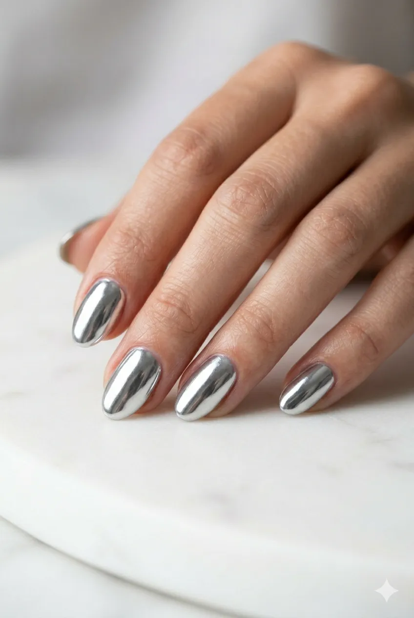 silver mirror chrome gel nails ultra-reflective liquid metal finish 2026