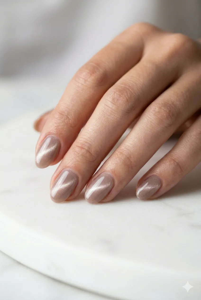 cat eye magnetic gel nails soft taupe silver glowing streak 3D depth 2026