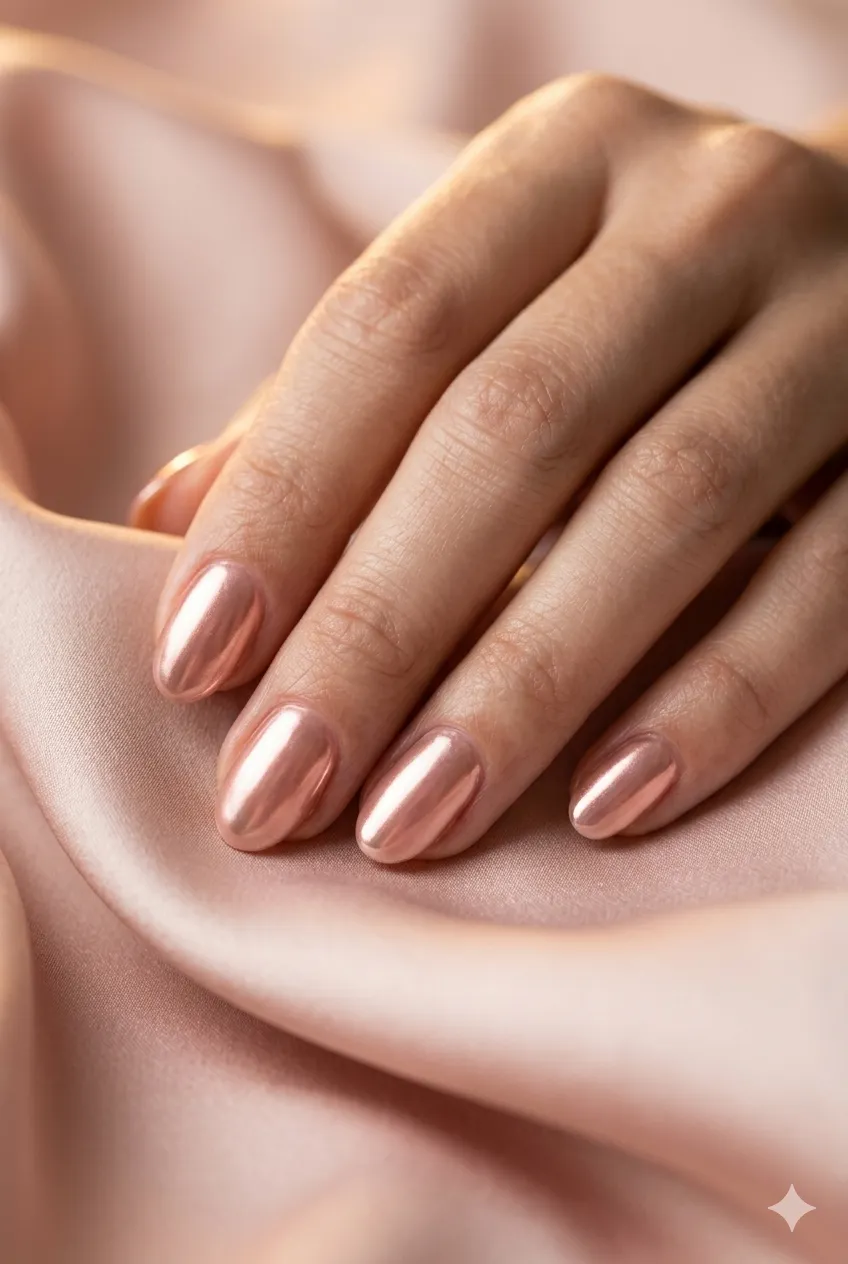 rose gold chrome gel nails warm pink-gold soft metallic glow 2026
