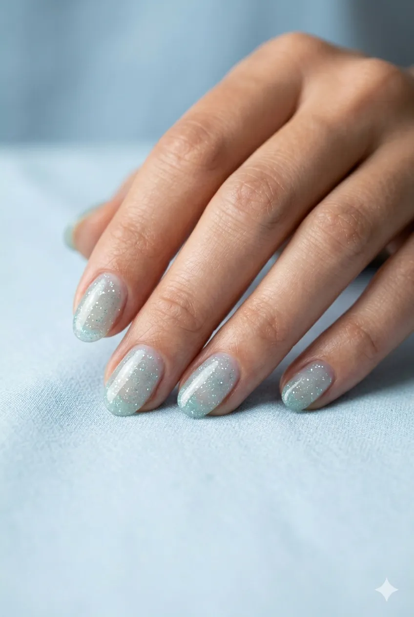 mermaid shimmer gel nails sheer teal transparent fine glitter underwater 2026