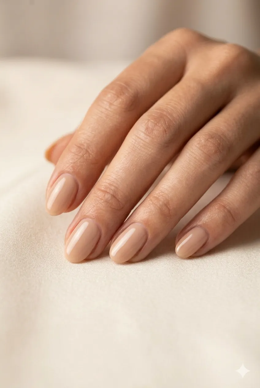 warm beige nude gel nails skin-tone ultra-gloss quiet luxury almond 2026