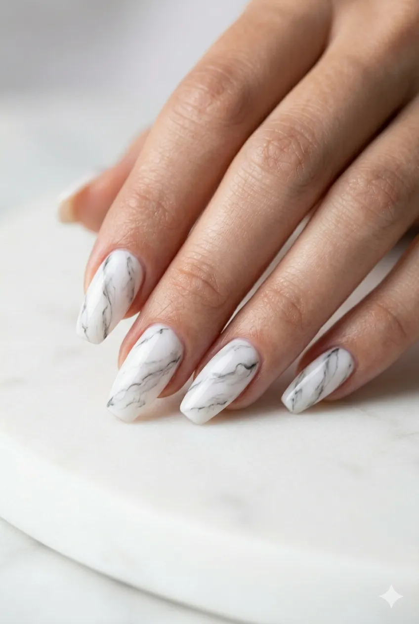 white marble gel nail art grey veining each nail unique luxurious 2026