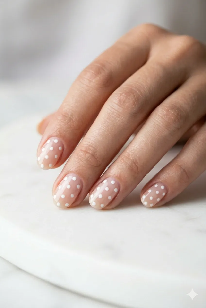 polka dot gel nail art precise dots nude pastel base playful editorial 2026
