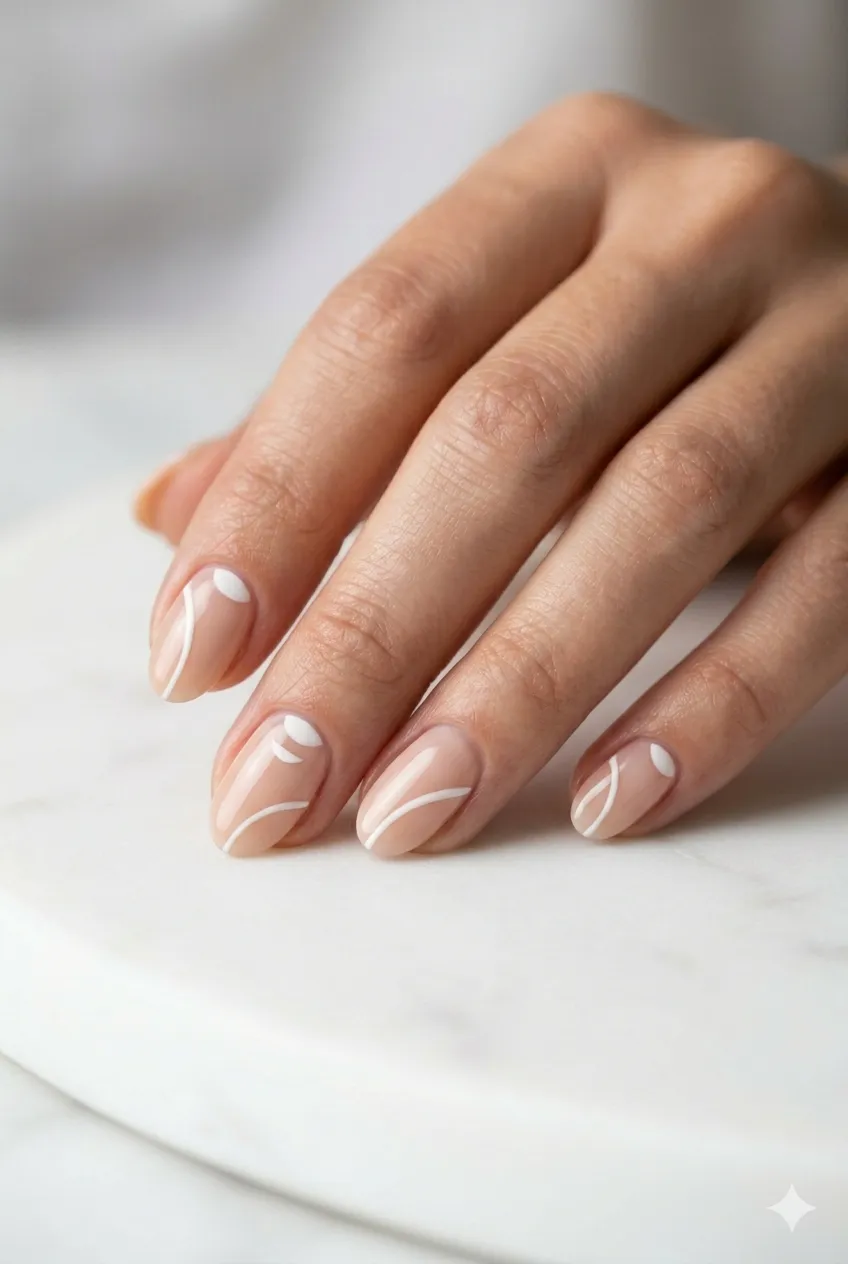 geometric gel nail art curved lines half-moons floating shapes precise 2026